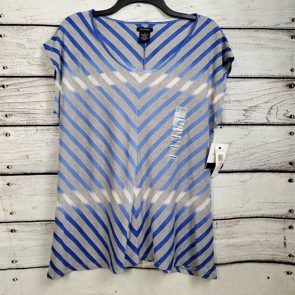 Calvin Klein Blue and White Striped V-Neck Blouse